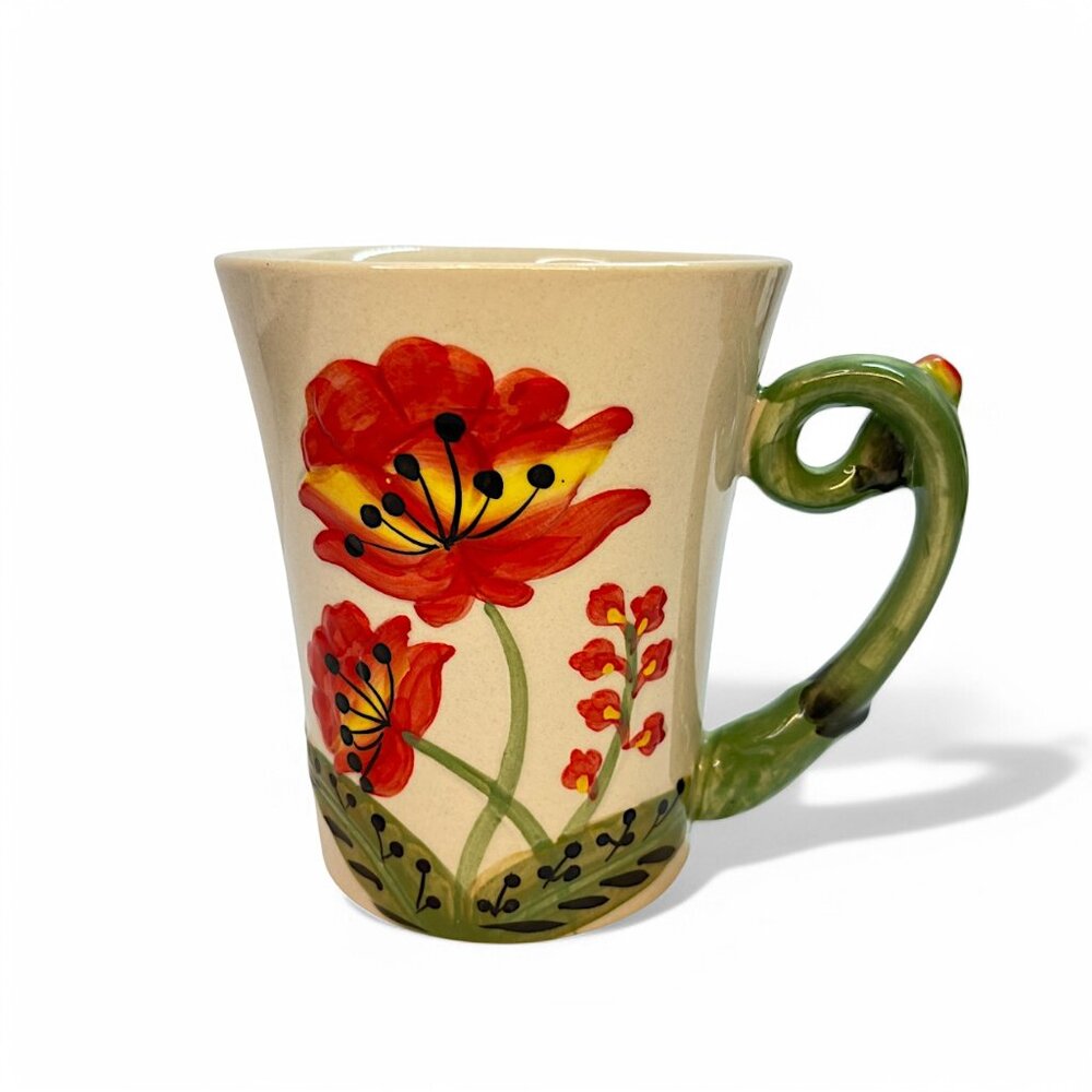 Pier 1 Imports Mug Hand Painted Stoneware Floral Large leaf Handle 16oz Cup 5"